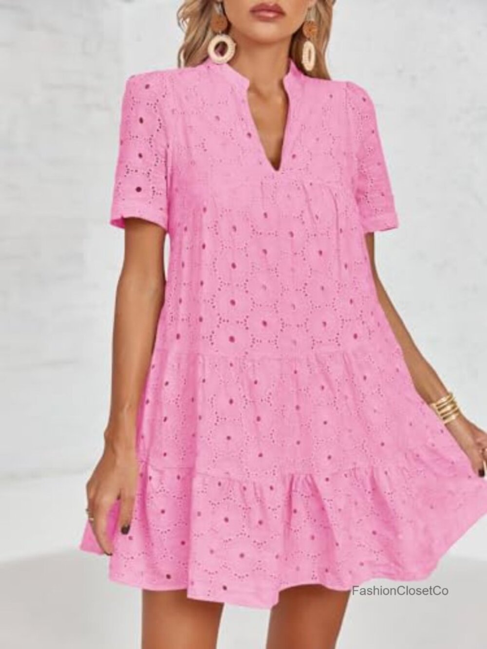 100% Polyester Eyelet Babydoll Dress Short Sleeve V Neck Flowy Tunic - Picture 2 of 7